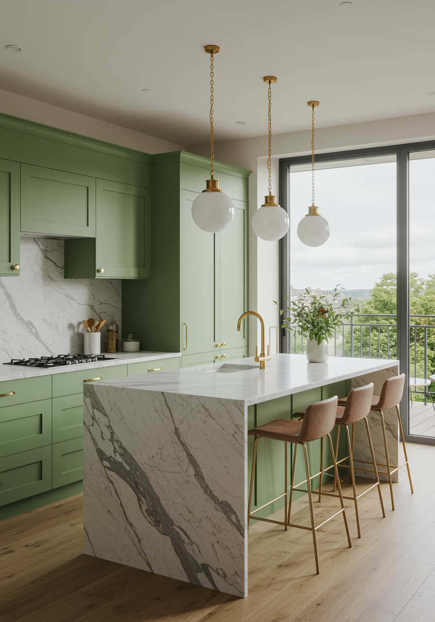 Cozinha contemporânea com ilha em mármore e marcenaria escura.