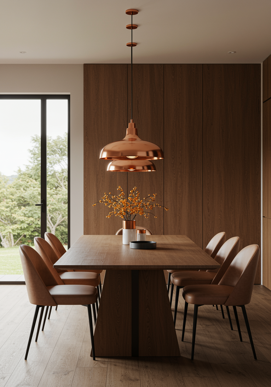 Sala de jantar ampla com mesa em madeira e luminária escultural.